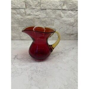 VINTAGE BLENKO RUBY RED PITCHER APPLIED AMBER HANDLE HAND BLOWN 3.5"